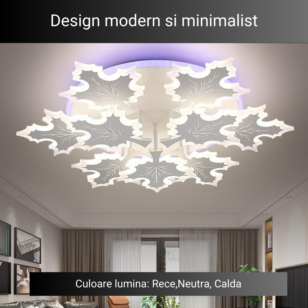 Lustra LED Leaf Design 9, cu telecomanda, 224W, alb, cu trei tipuri de lumina