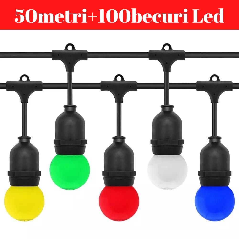 Ghirlanda Luminoasa, 50 Metri cu 100 Becuri Led Color incluse E27, IP65 