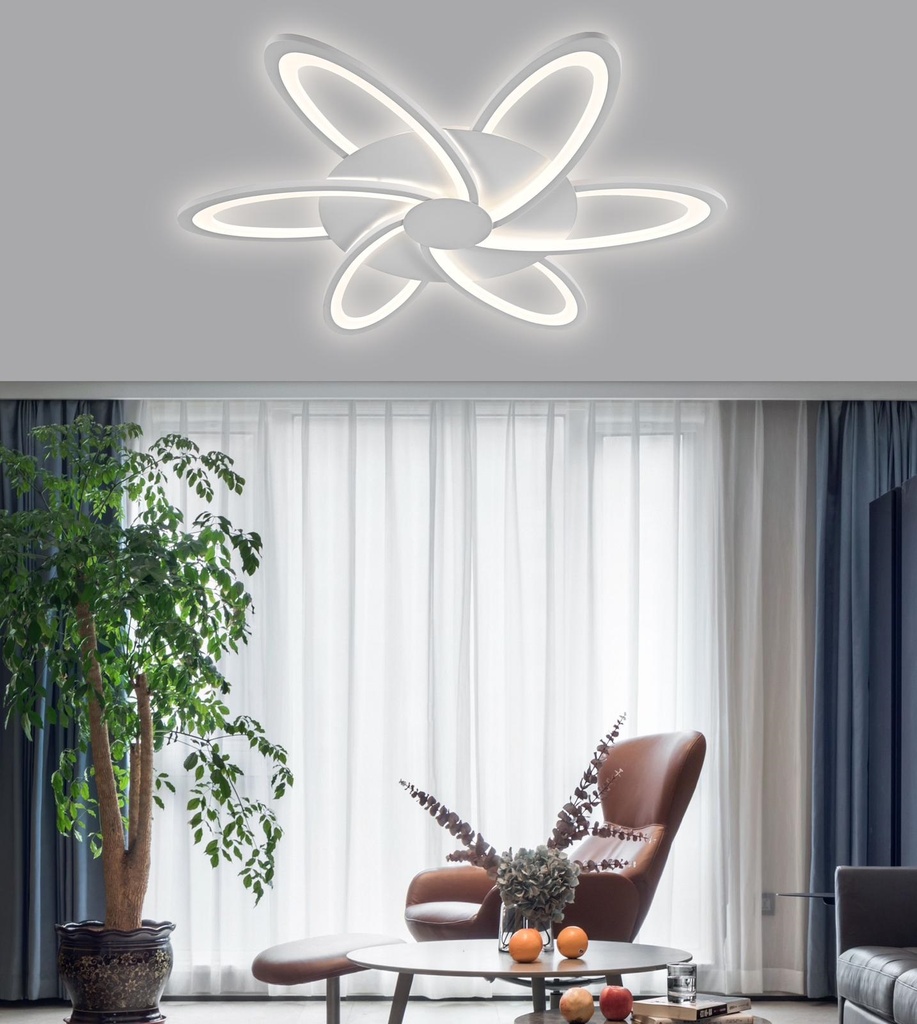 Lustra LED Light Flower, cu telecomanda, 144W, 6000lm, alb, cu 3 moduri de iluminare
