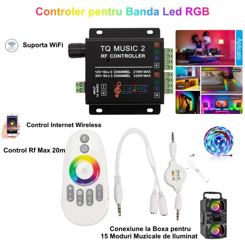 Controler Banda LED RGB TQ Music 2 canale RF, wifi si Telecomanda touch